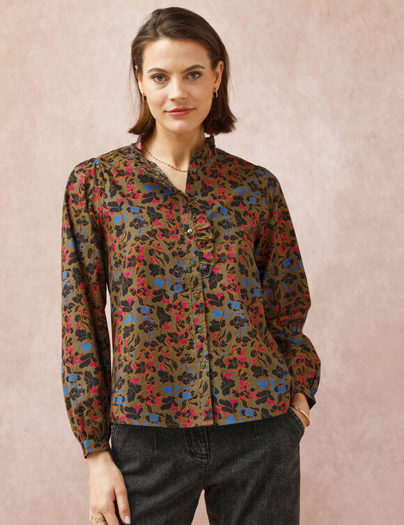 Chemisier col volanté, imprimé fleurs (vert olive) Chemisier col volanté, imprimé fleurs (vert olive)